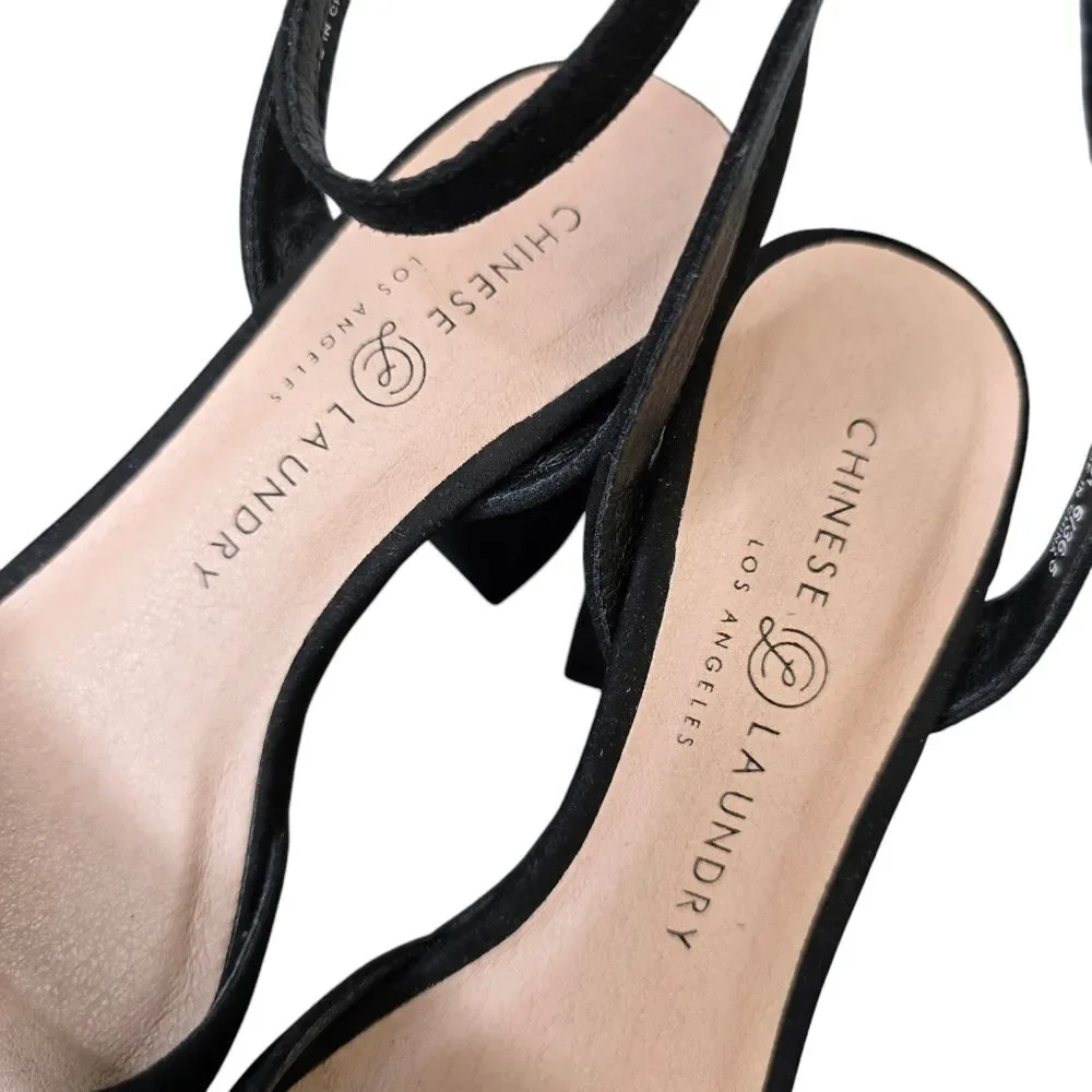 Chinese Laundry Women's 6 Theresa Black Suede Open Toe Chunky Platform Heels